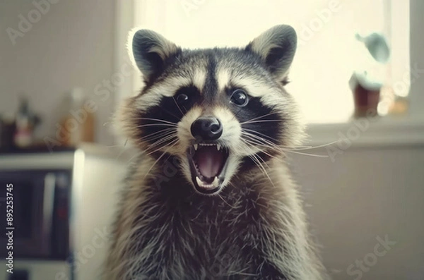 Fototapeta Portrait of a screaming raccoon close-up with depth of field. Movie character.