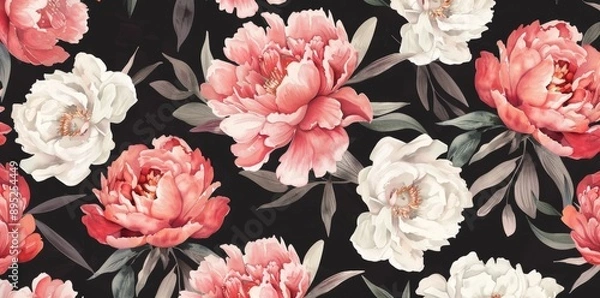 Fototapeta Pattern design for textiles, interior, clothing, wallpaper. Pattern design for peonies on dark background.