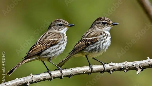 Fototapeta Two small birds perched on a branch with a green background.