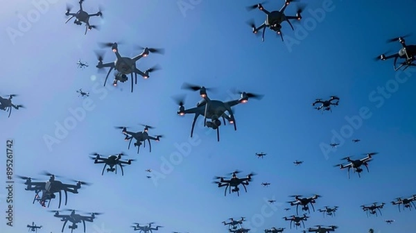 Fototapeta A swarm of drones flying in formation against a clear blue sky, demonstrating the increasing use of unmanned aerial vehicles for coordinated photography and data collection.