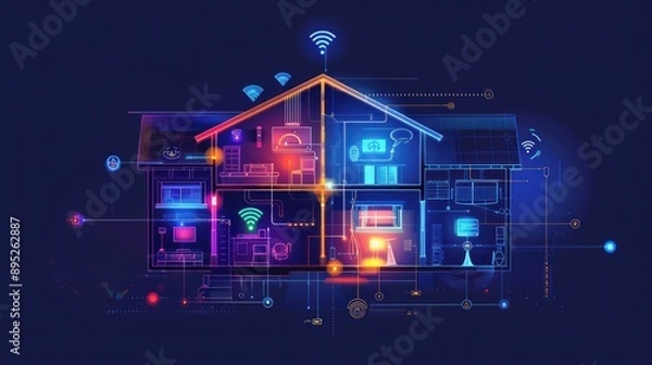 Fototapeta Cross section of a house with smart home connections, wifi stations, icons