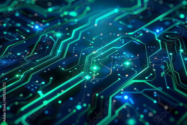 Fototapeta Futuristic abstract electronic circuit board background with vibrant green and blue lights, digital technology concept, versatile design for tech and innovation themes