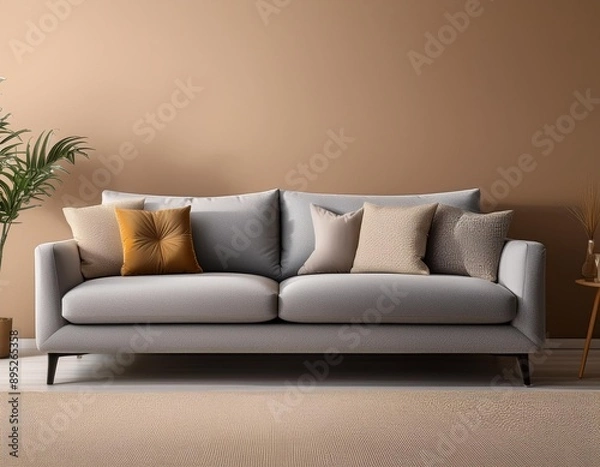 Obraz Gray modern couch in a plain beige brown wall