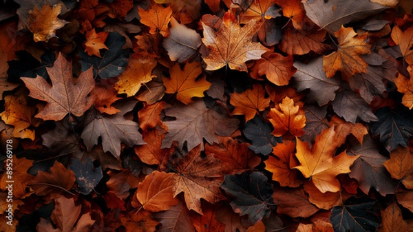 Obraz Brown and orange fallen autumn maple leaves lie on ground background