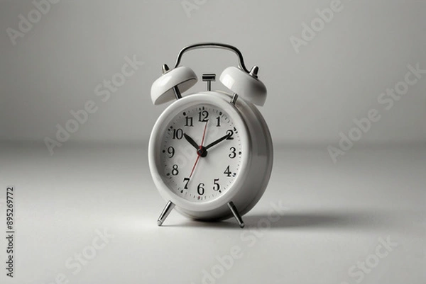 Fototapeta Photo of a white retro alarm clock on a minimalist white background, giving a simple and elegant impression. Suitable for time illustrations, time management and minimalist concepts.