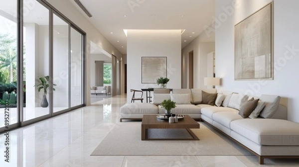 Fototapeta A luxurious and spacious living room with elegant furniture, large windows, minimalistic artistic decor, and a serene ambiance enhanced by natural lighting and sleek finishes.