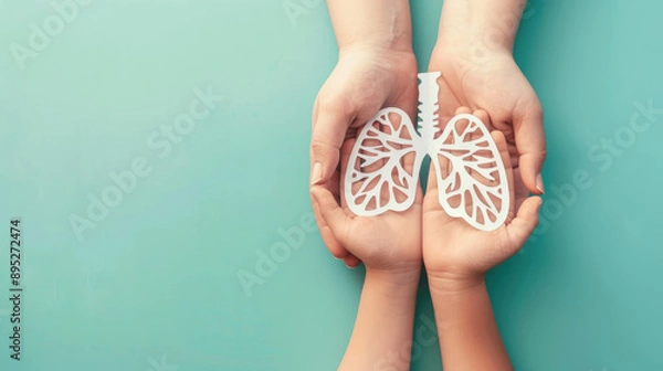 Obraz The hands of an adult and child holding paper cutouts in the shape of lungs on a light blue background