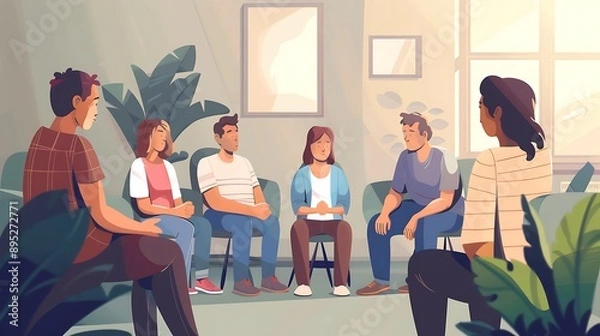 Fototapeta A compassionate scene of a support group meeting for survivors and families of victims of terrorism, with people sharing their stories and offering comfort to one another