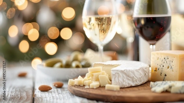 Fototapeta A festive scene featuring a variety of gourmet cheese paired with red and white wine glasses, olives, and flickering holiday lights in the background.