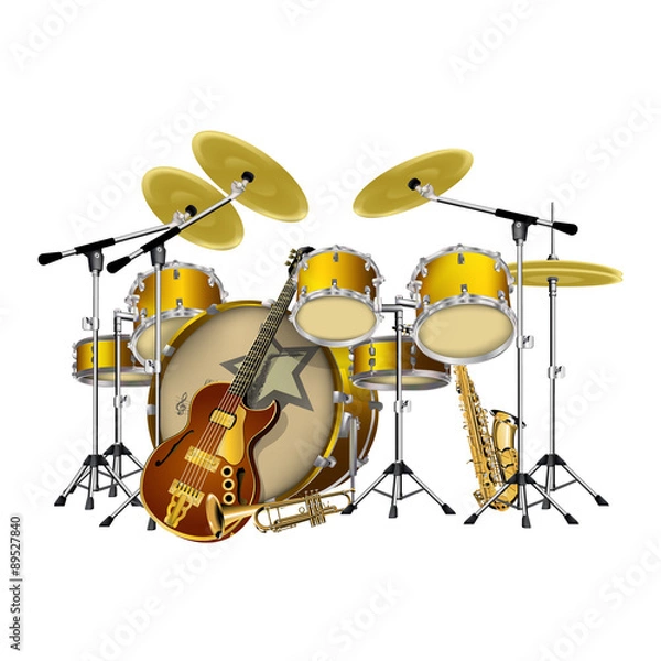 Fototapeta vector illustration instruments jazz band drums, guitar, saxophone and trumpet, isolated object on a white background, can be placed on any graphics work both individually and as a whole.