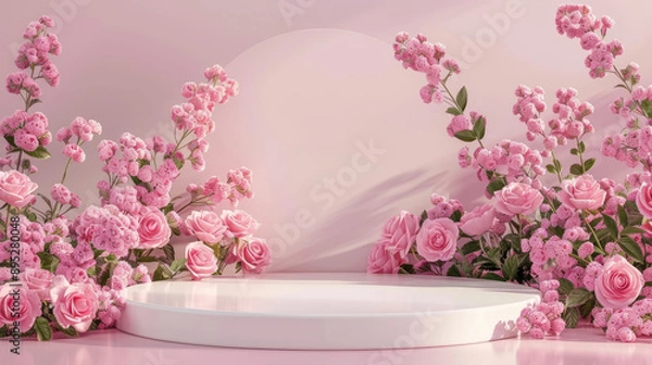 Fototapeta Podium with pink roses and purple flowers on pastel background for product presentation, beauty showcase scene