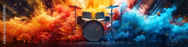 Fototapeta fantasy drums in colorful powder explosion background with copy space. Design for Wall Art, Poster Print, Wallpaper & Background