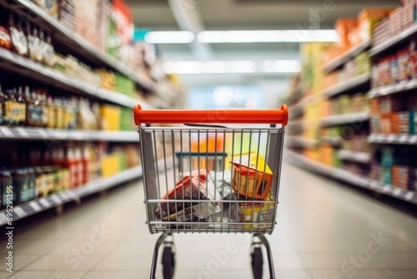 Fototapeta Shopping cart in a supermarket aisle