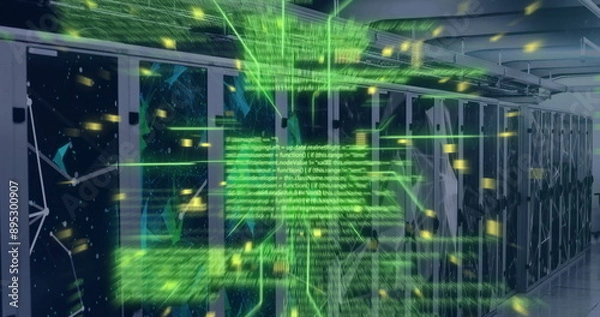 Fototapeta Image of circuit board and data processing over computer servers
