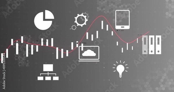 Fototapeta Financial data analysis image with icons of charts, gears, and technology devices