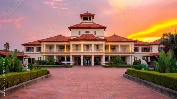 Fototapeta Elegant wedding venue with stunning architecture, vibrant sunset backdrop, romantic atmosphere, ample copy space for messages, immersive depth, and captivating ambiance.