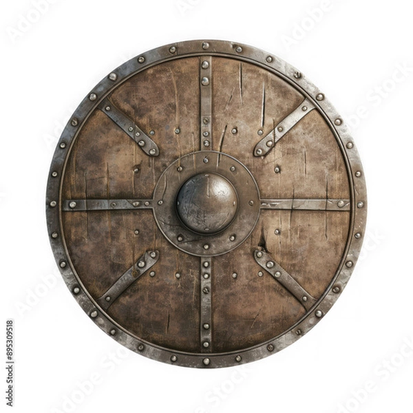 Fototapeta A large, old, wooden shield with metal studs and a metal ball in the center