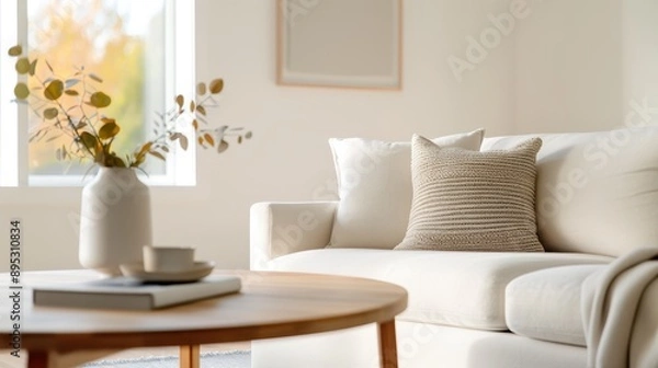 Fototapeta A bright living room featuring a white sofa, wooden coffee table, and simple décor. The large windows allow natural light to enhance the cozy, comfortable space.