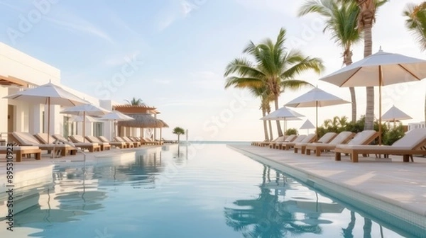 Fototapeta A pristine resort pool area features comfortable lounge chairs, umbrellas, and cabanas, framed by palm trees, under a clear blue sky, epitomizing luxury and relaxation.