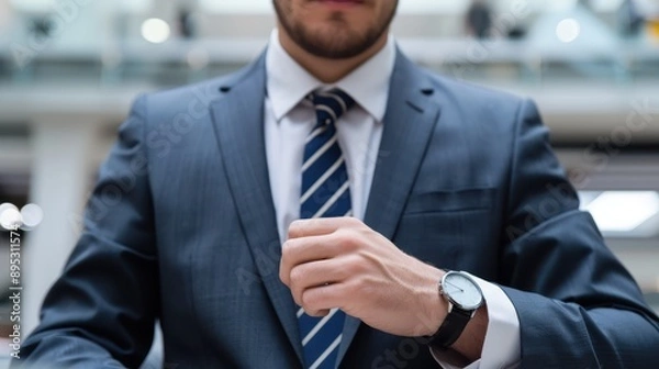Fototapeta A professionally dressed individual is adjusting their watch while wearing a business suit with a striped tie, standing indoors in a modern setting, exemplifying punctuality and formality.