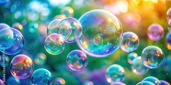 Fototapeta Swirl of iridescent soap bubbles in pastel colors, creating a playful and joyful scene , bubbles, swirl, iridescent, soap
