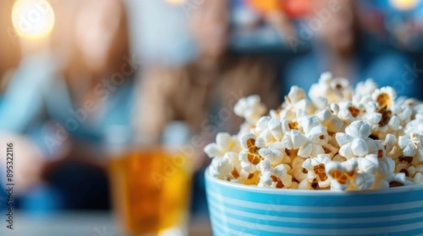 Fototapeta A delightful bowl of popcorn is the focus of this image, with people enjoying a relaxed movie night in the blurred background, celebrating leisure and companionship.