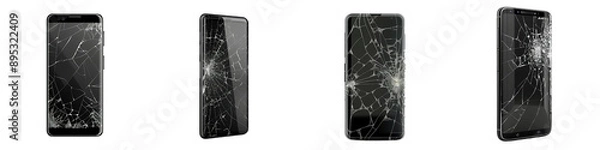 Fototapeta Four views of a shattered smartphone screen illustrating damage and fragility. Ideal for tech repair or insurance contexts.