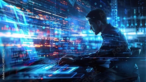 Obraz Man working on a computer surrounded by holographic digital data and code, symbolizing high-tech programming and cybersecurity