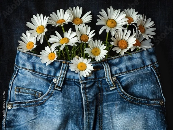 Fototapeta 4. Detailed image of a handful of daisies arranged in the back pocket of denim jeans, isolated on a black background for contrast