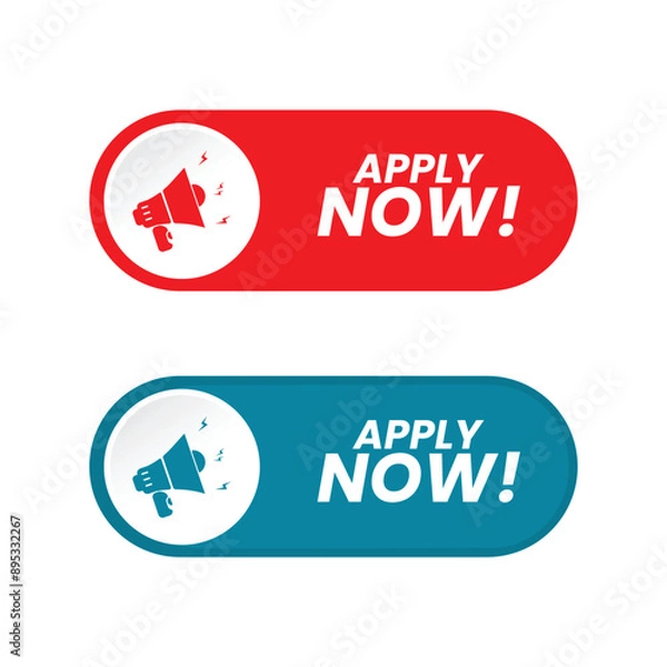Fototapeta Hiring Job Mode Switch Button. Set of action button Apply Now with Megaphone Icon Red Blue Color Rounded Shape