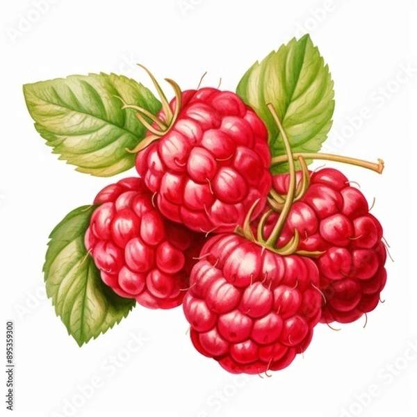 Obraz Watercolor, close up of three red raspberries with green leaves. The raspberries are ripe and ready to be eaten