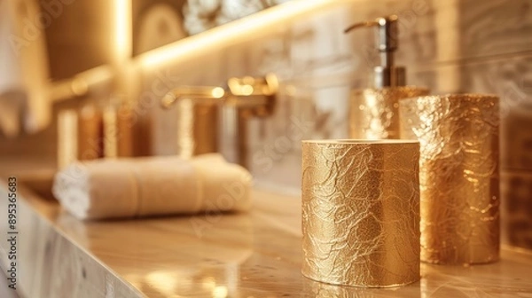 Fototapeta A pristine white towel rests on a marble countertop, with gold-embossed soap dispensers and a sleek, modern faucet adding a touch of elegance to the bathroom setting. The image exudes a sense of relax