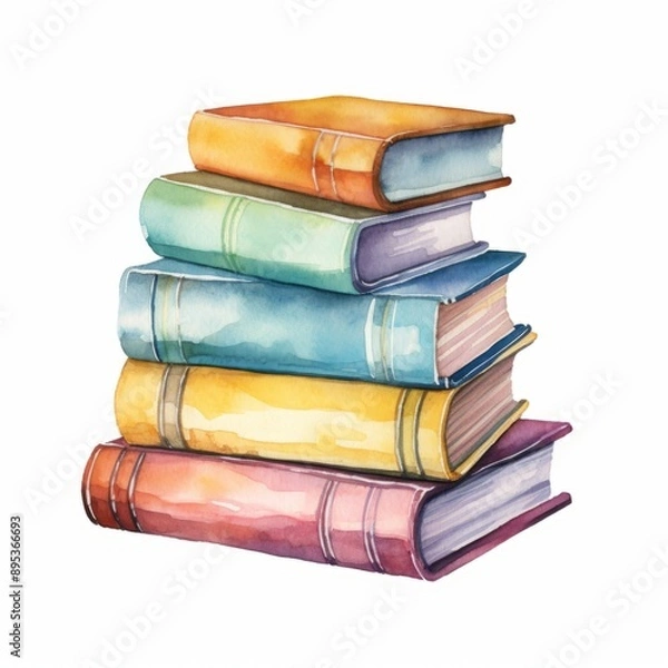 Fototapeta Watercolor, stack of books with the top book being yellow. The books are arranged in a pyramid shape, back to school mood