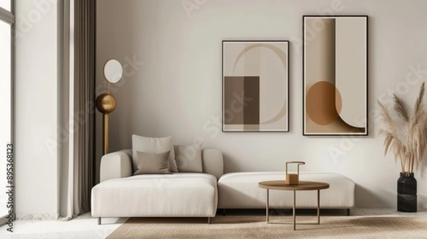 Fototapeta Minimalist Living Room with a White Sofa and Geometric Art