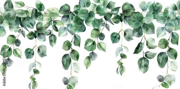 Fototapeta Watercolor illustration of eucalyptus leaves hanging from a branch on a white background for nature and wellness concept
