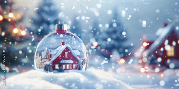 Fototapeta Christmas transparent snowball with a miniature house inside. Holiday Christmas background with elegant festive snowy glass ball. Happy New Year and Merry Christmas. Xmas snow globe