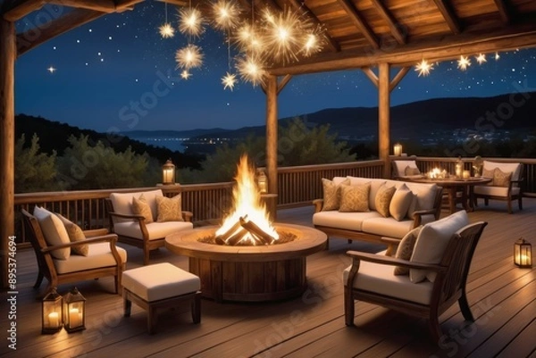 Fototapeta Romantic wooden tables and chairs patio offer dining with stunning views at summer