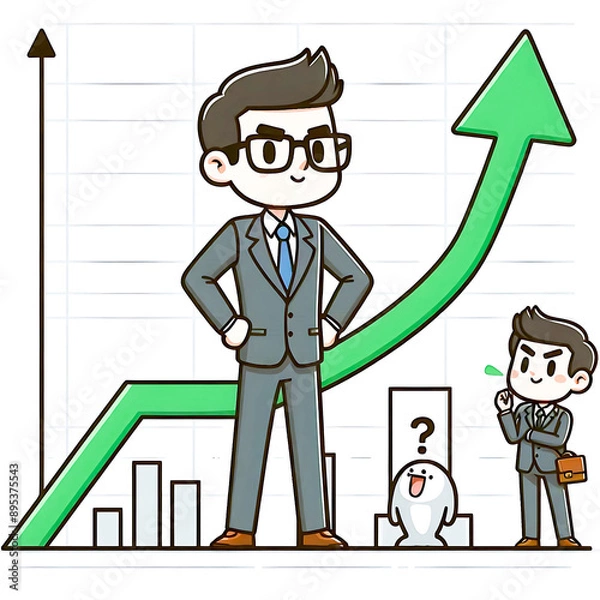 Obraz Businessman standing with crossed legs and leaning on rising profit growth graph. Investment profit growth, financial advisor. Make money to get rich or