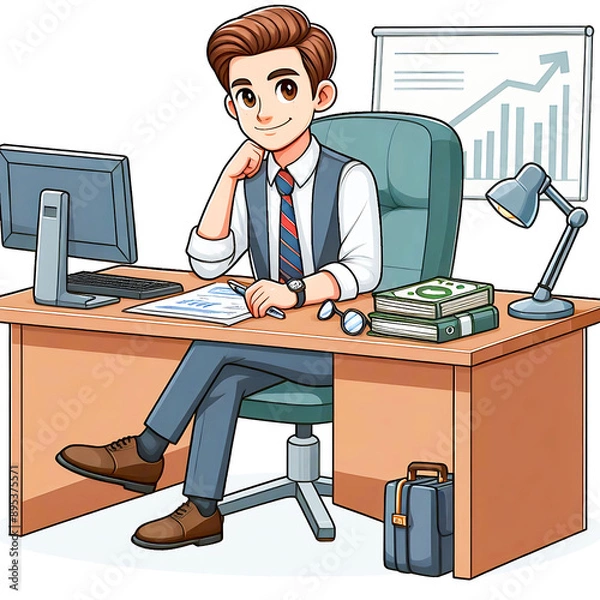 Obraz Happy businessman is sitting at desktop. Work the computer, financial analytics. Office worker or company employee. Front and back side. Vector illustration in cartoon style
