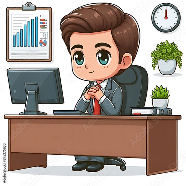 Obraz Happy businessman is sitting at desktop. Work the computer, financial analytics. Office worker or company employee. Front and back side. Vector illustration in cartoon style
