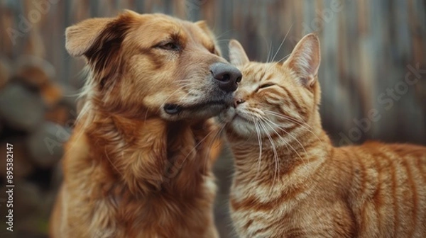 Fototapeta Dog enjoying a head scratch from a friendly orange tabby cat