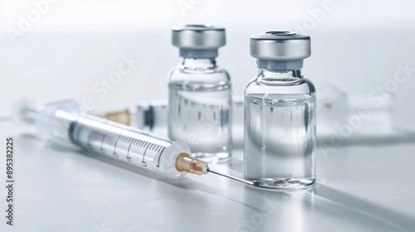 Fototapeta Syringe and vial on a white background, representing medical and healthcare concepts