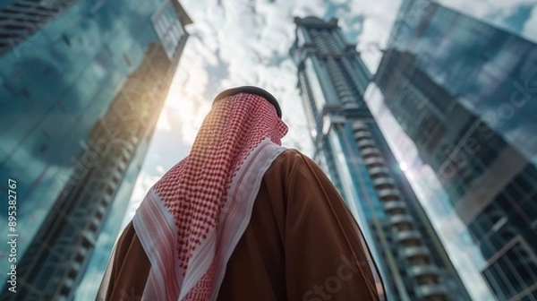 Obraz saudi young businessman from back looking up towards saudi kingdom building with sky