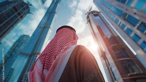 Fototapeta saudi young businessman from back looking up towards saudi kingdom building with sky