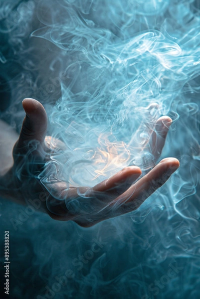 Fototapeta A man's hand reaches out through the smoke and light in a mysterious and moody atmosphere, creating an abstract and surreal image.