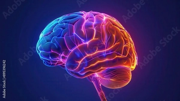 Fototapeta Brain with highlighted thinking areas, vector art, vivid colors, detailed anatomy, focus on memory function