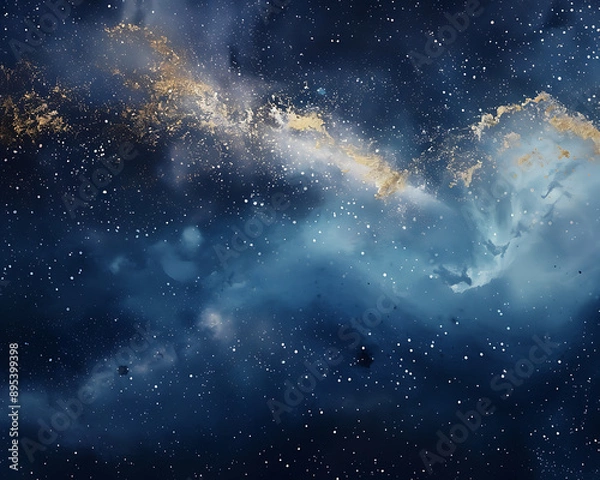 Fototapeta Amazing blue and gold nebula with stars against a white space background in the style of watercolor, hyper realistic --ar 64:51