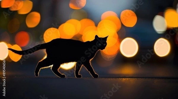 Fototapeta Silhouette of a black cat walking in front of blurred city lights at night, creating a mysterious and urban scene.