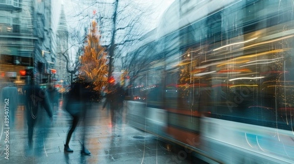 Fototapeta A city street adorned with Christmas lights and decorations, captured with motion blur to emphasize the hustle and festive energy.