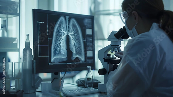 Fototapeta Medical professional examines damaged lung tissue through microscope in laboratory setting with lung images displayed on computer screen, lung cancer awareness day